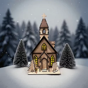Église de Noël lumineuse en bois – Décoration artisanale avec LED intégrée